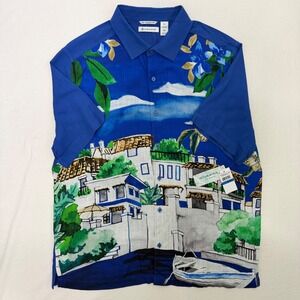 Cubavera Art Collection Shirt Mens XL Scenic Villa Boat Blue Camp Button Up NWT